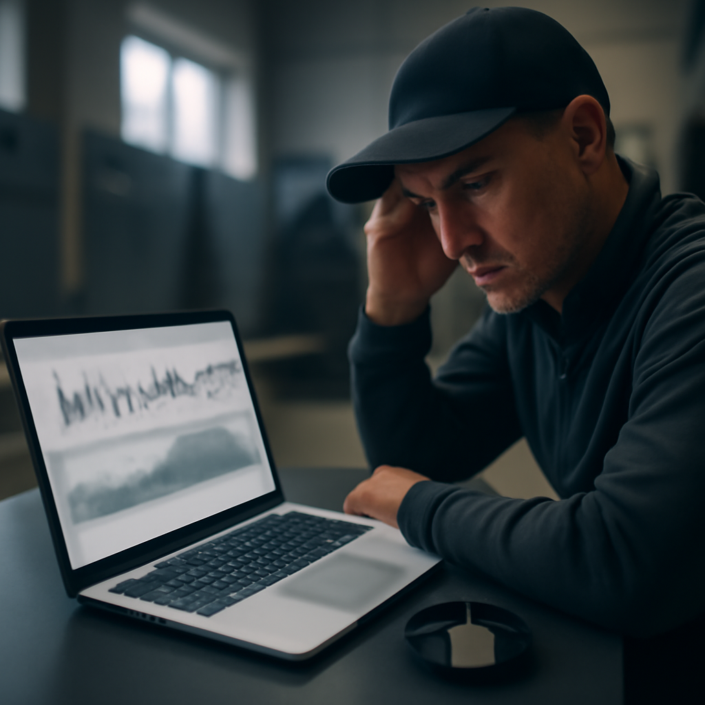 A coach sits at a table with an open laptop displaying heart rate and sleep data.