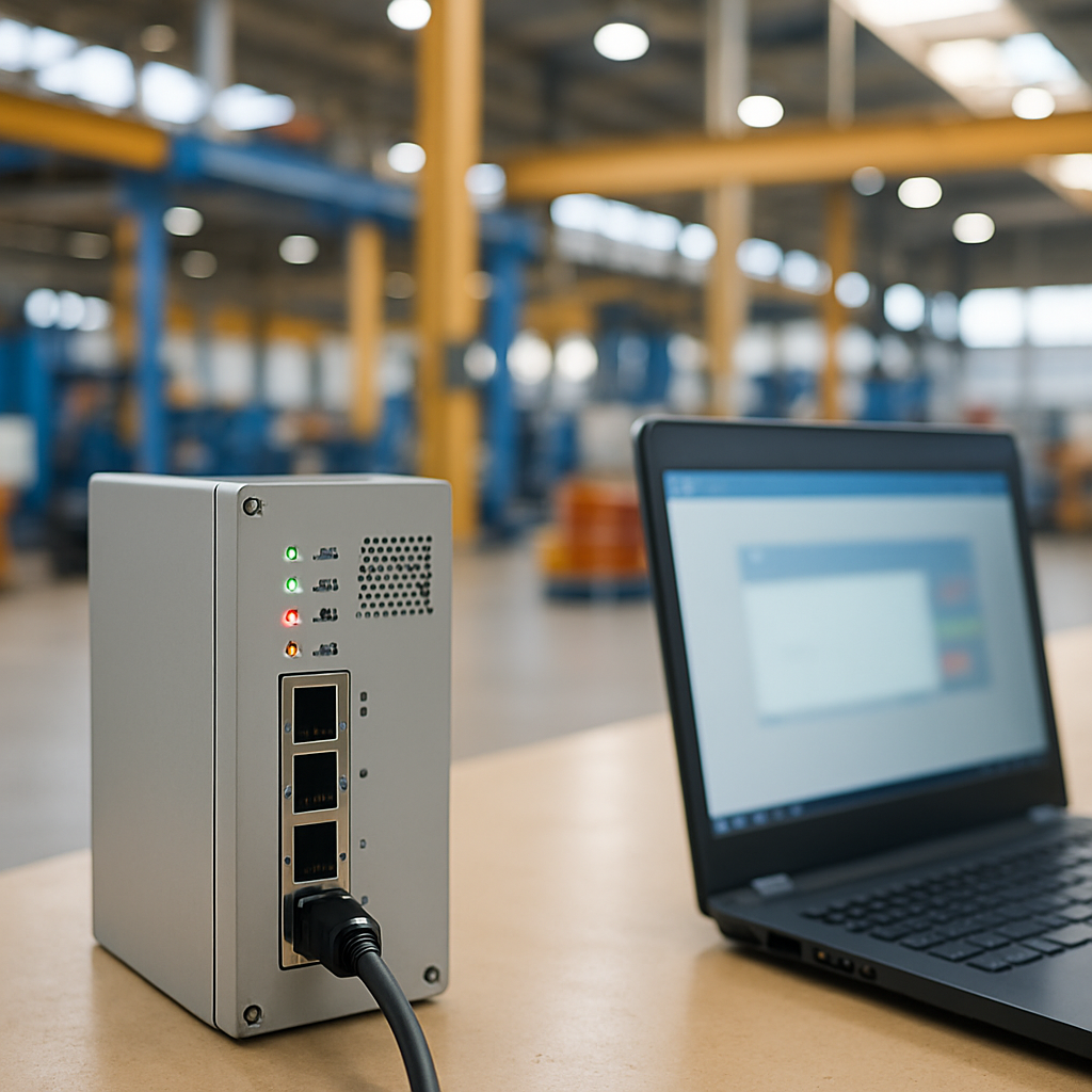 Industrial control system in a factory setting with a nearby computer screen.