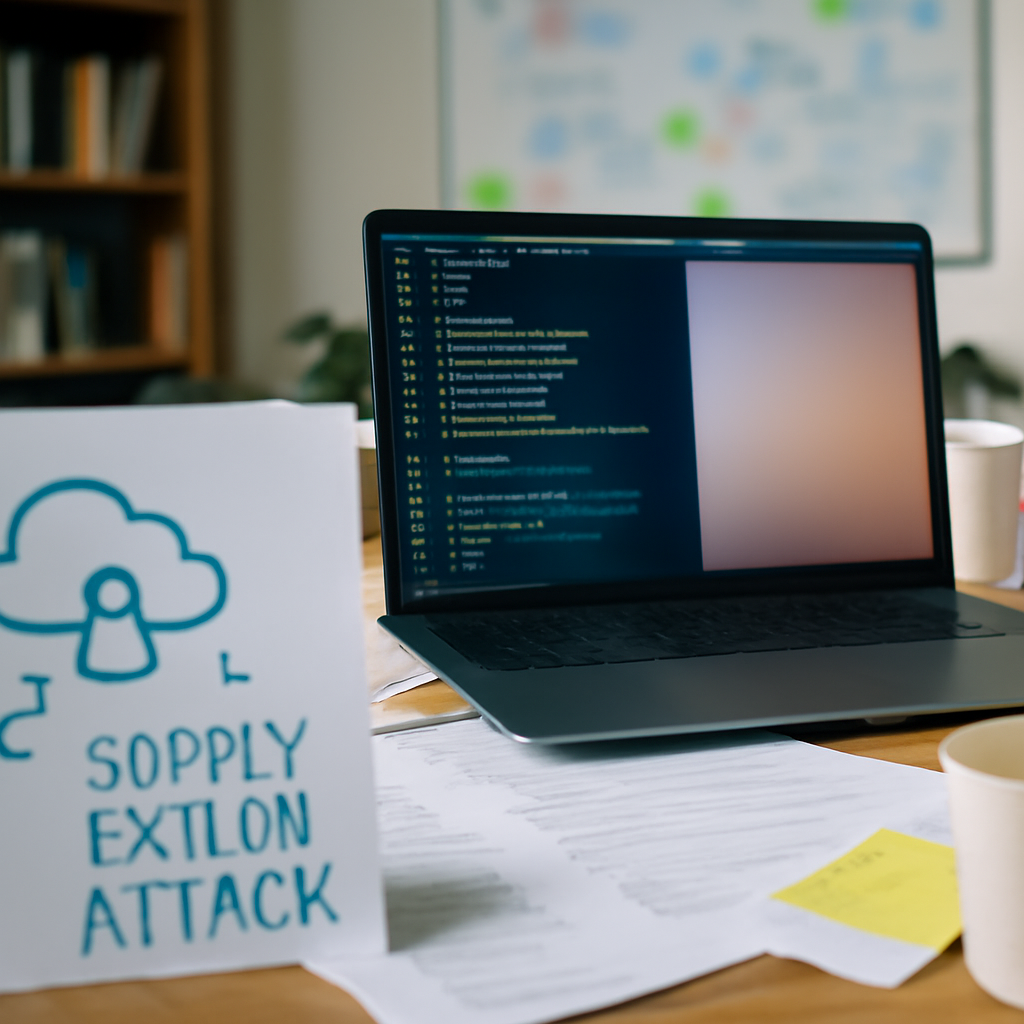 Cluttered developer workstation with laptop, papers, and empty coffee cups, symbolizing a supply chain attack in a cloud…