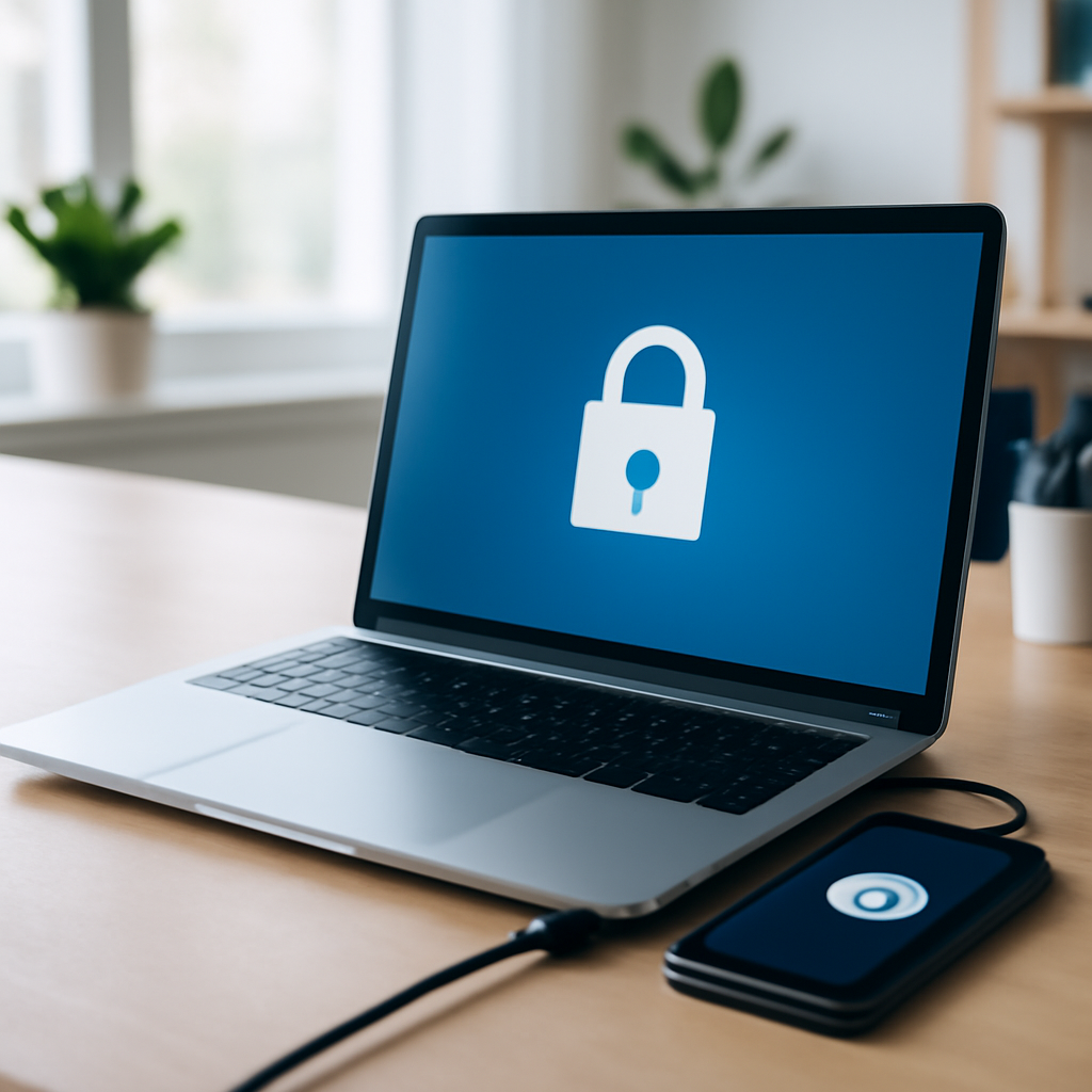 Laptop connected to external authenticator device in bright office setting.