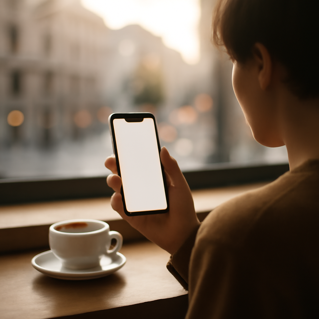 Person holding iPhone in coffee shop, looking down at device with blurred cityscape behind.