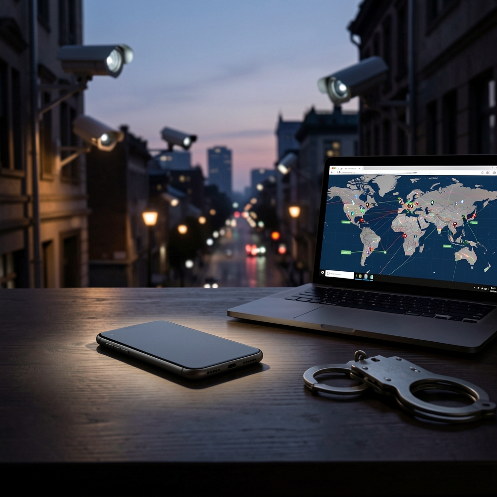 Smartphone on a desk with blurred cityscape and surveillance cameras in the background.