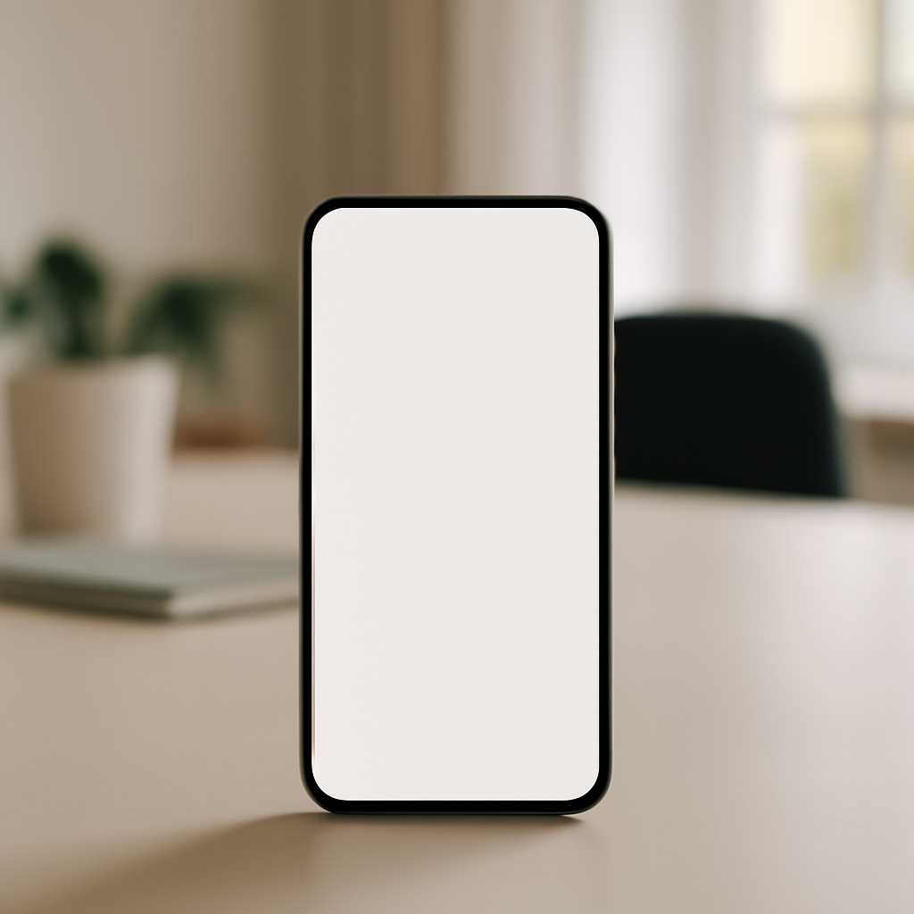 Smartphone on a desk with a blank screen, in a neutral indoor setting.