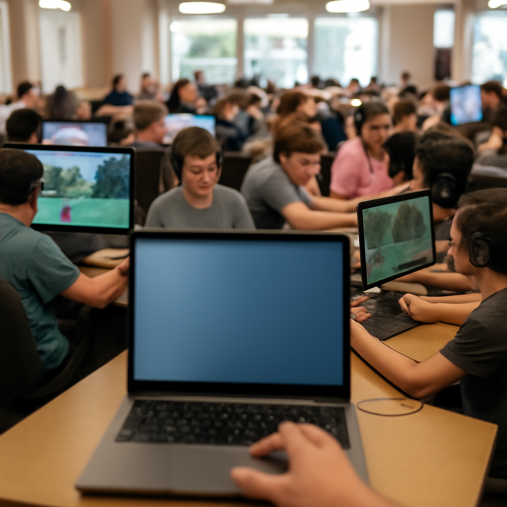 Crowded gaming center with rows of computers and gamers, one laptop screen blurred and empty in the foreground.