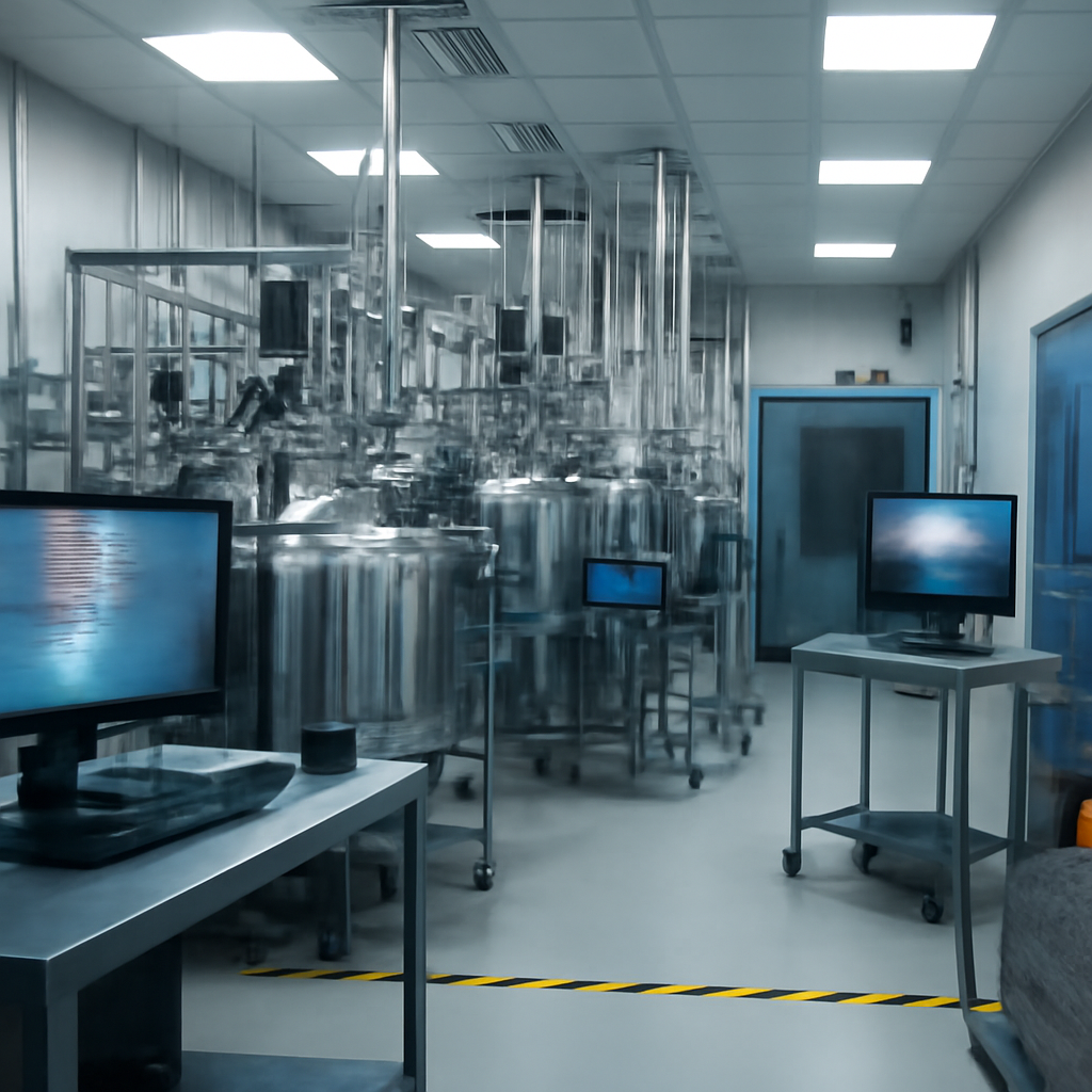 Pharmaceutical manufacturing facility interior showing signs of disruption and increased security.