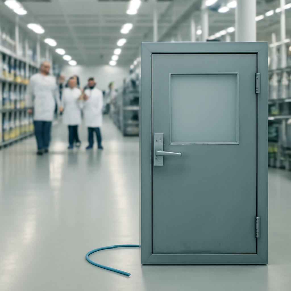 Pharmaceutical facility personnel converse, looking concerned, near locked cabinet.