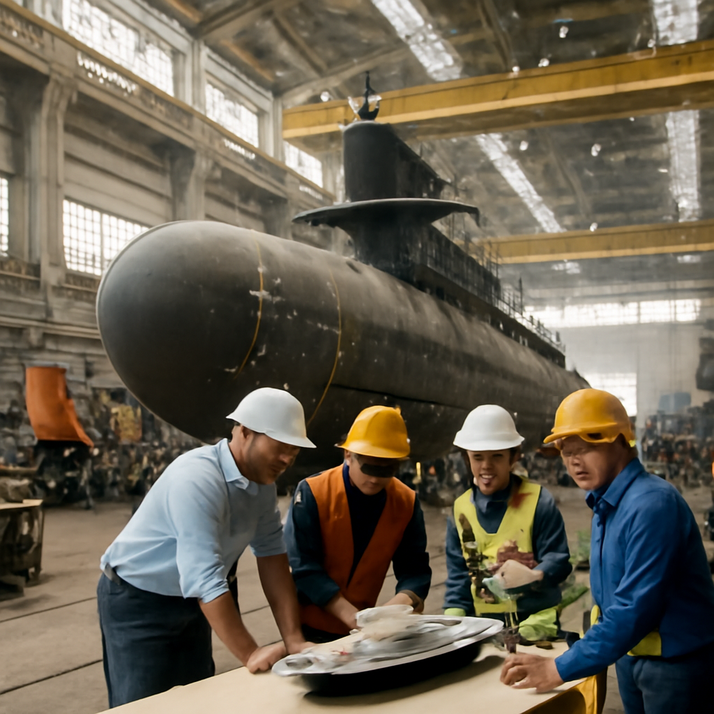 Large industrial facility with workers, machinery, and a partially built naval vessel under construction.