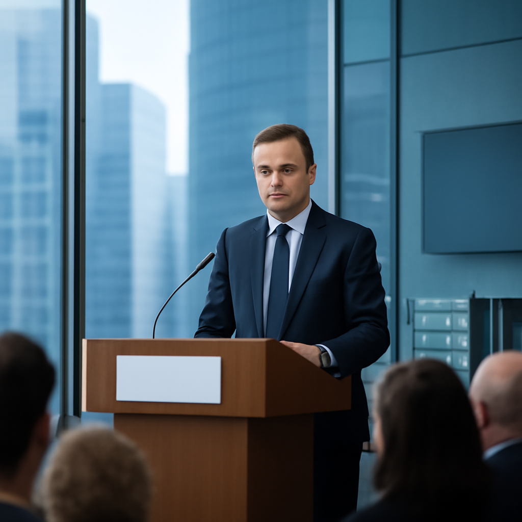 Speaker at podium in conference setting with cityscape backdrop.