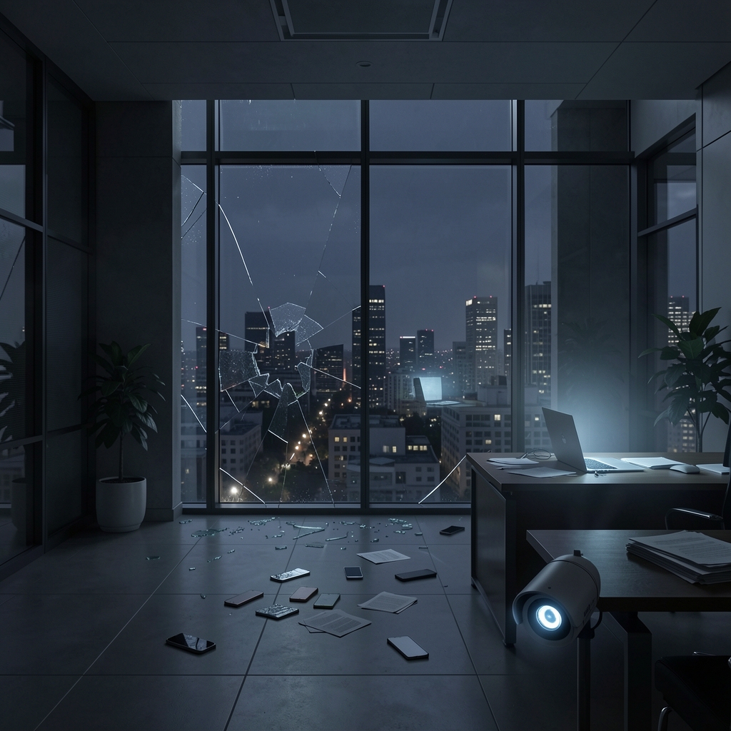 Shattered window in a modern tech company HQ reflects cityscape, eerie laptop glow nearby.