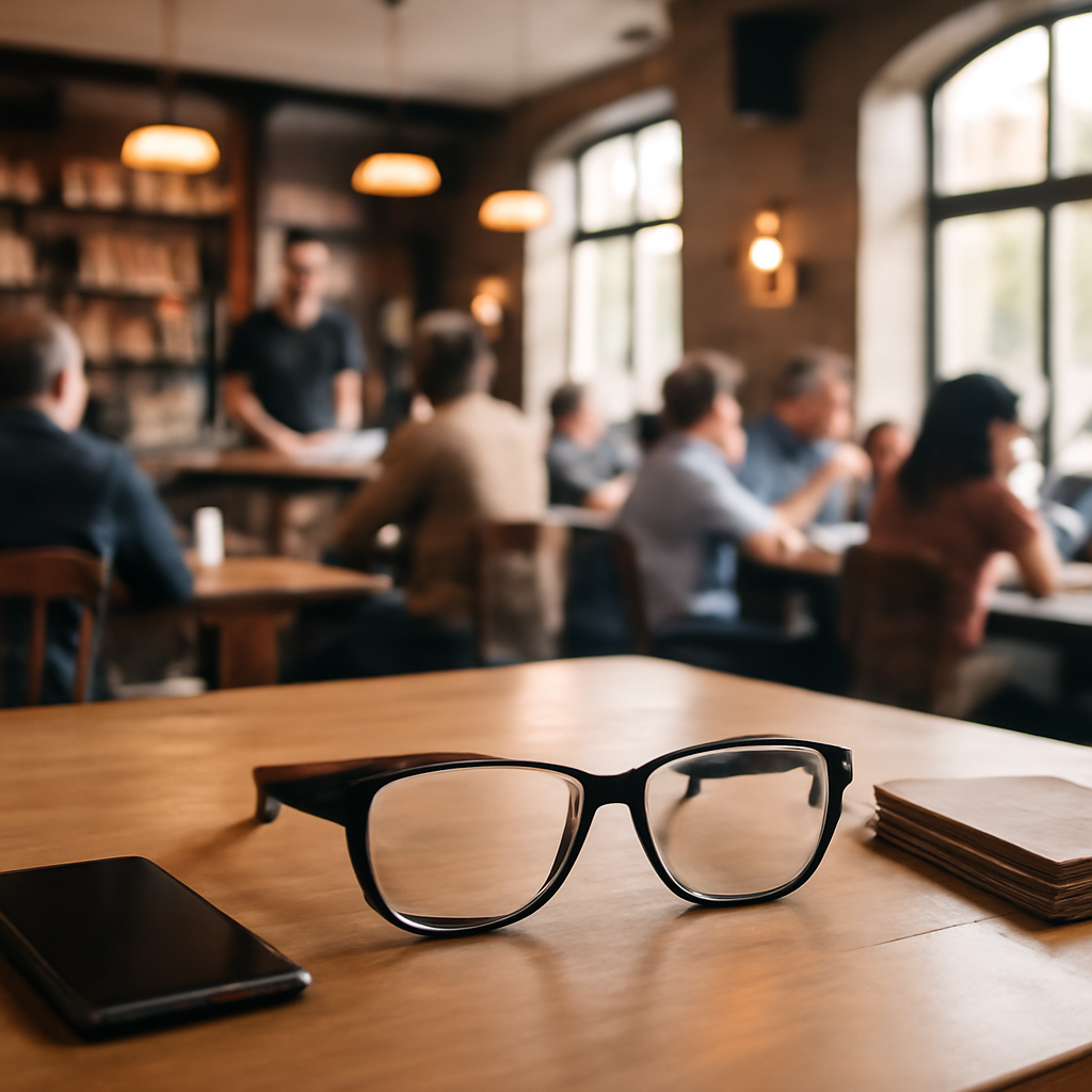 Smart glasses sit on a table in a bustling pub interior surrounded by scattered items.