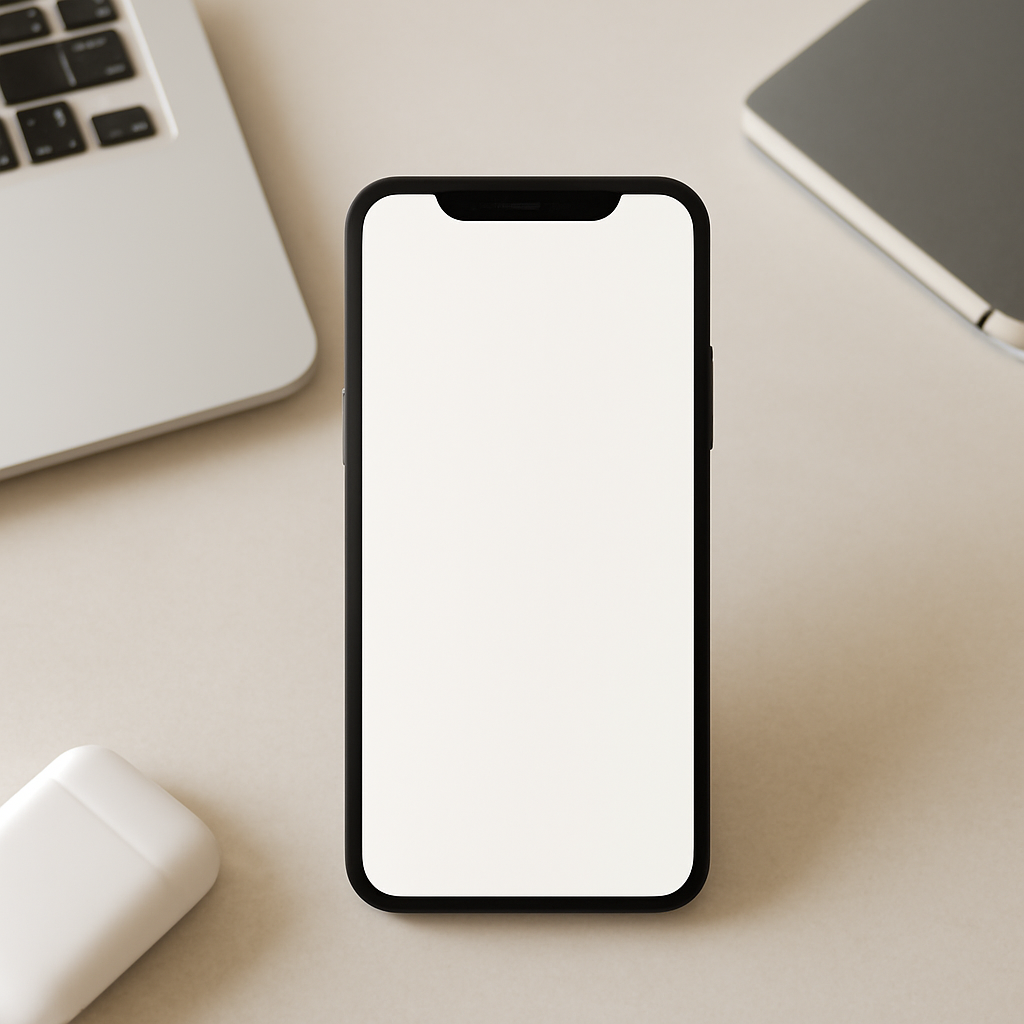Smartphone on a clean surface surrounded by subtle tech items in soft natural light.