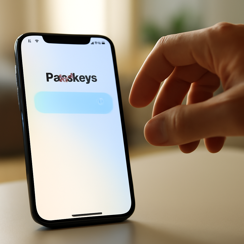 Hand hovers over smartphone displaying passkey management interface on screen.