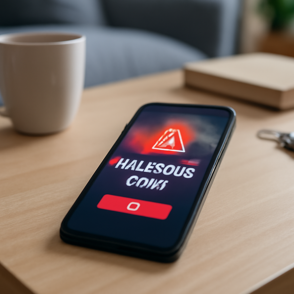 Smartphone on a cluttered desk shows a blurred malicious link on its screen.