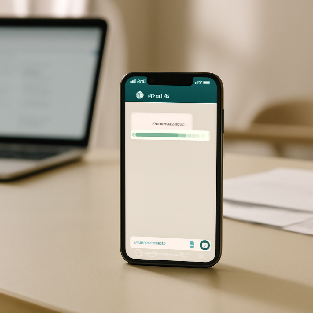 Smartphone displaying WhatsApp conversation with suspicious link on a clean, minimalist surface.