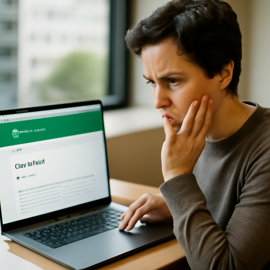 Person looks concerned while scrolling through WhatsApp help page on laptop in quiet room with cityscape visible through…