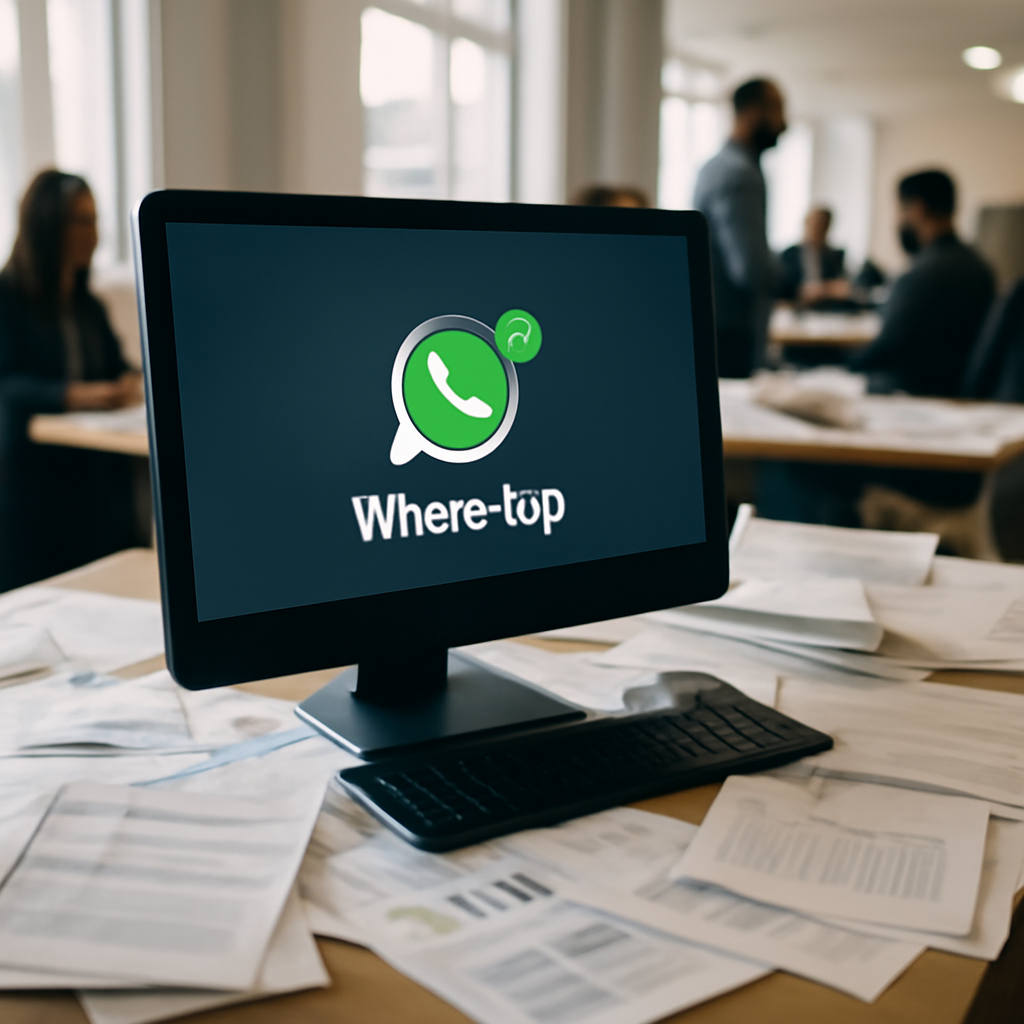 Cluttered office desk with desktop computer showing WhatsApp notification, surrounded by financial papers and documents.