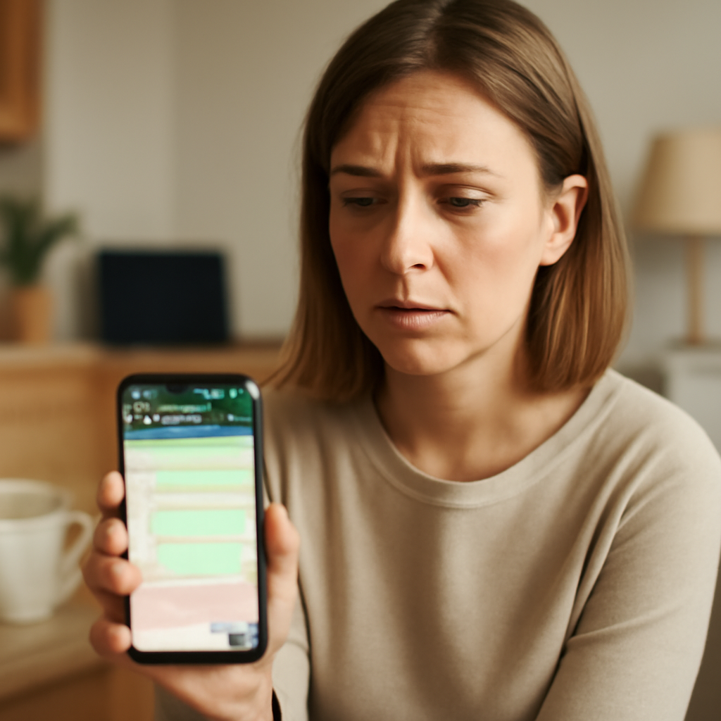 Person sitting at home holding smartphone with WhatsApp conversation on screen.