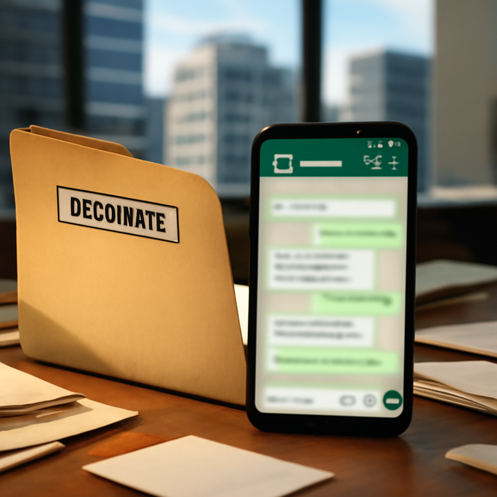Smartphone with WhatsApp conversation on screen sits on cluttered desk near open file folder, with cityscape in background.