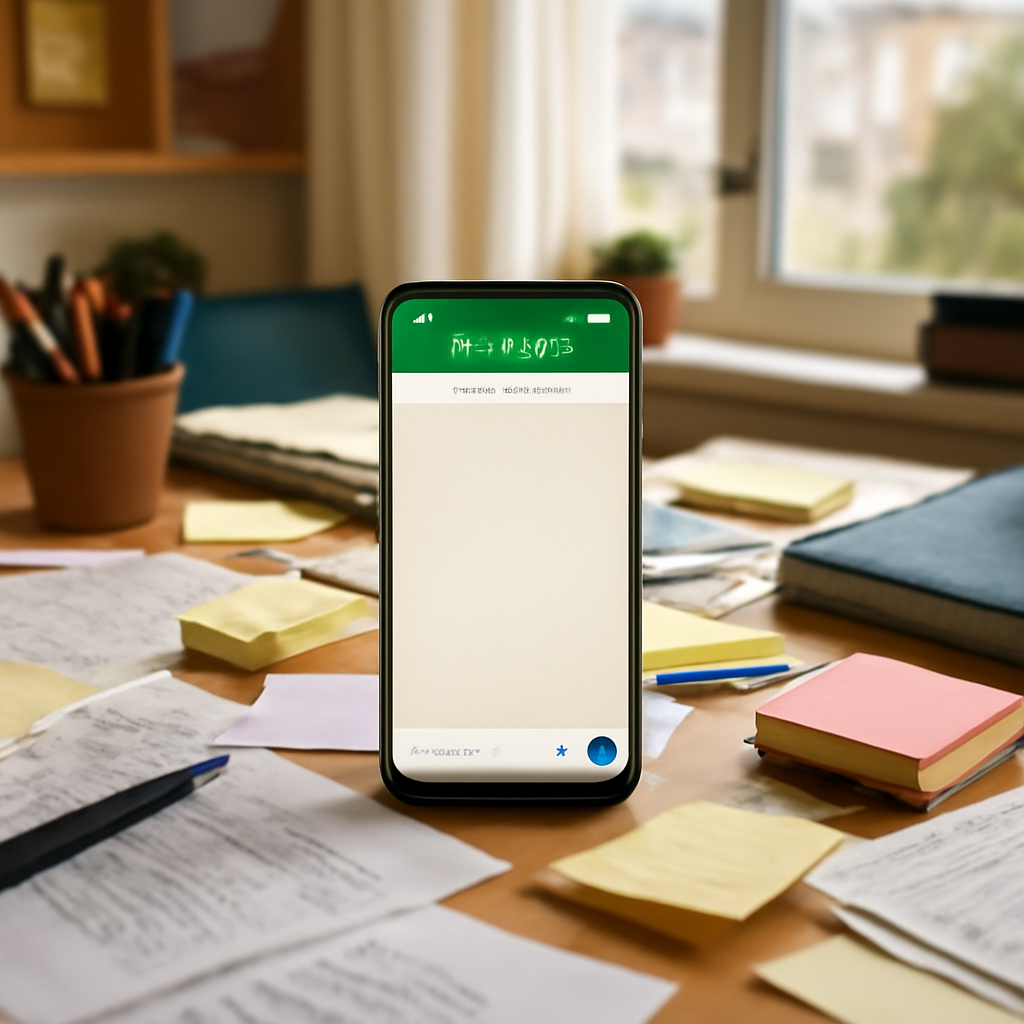 Smartphone on cluttered desk with WhatsApp conversation on screen, surrounded by papers and office supplies, with cityscape…