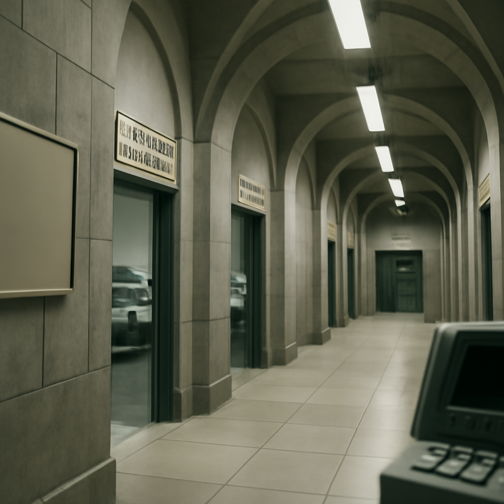 Spacious underground corridor with rows of doors, high ceiling, and bright lighting.