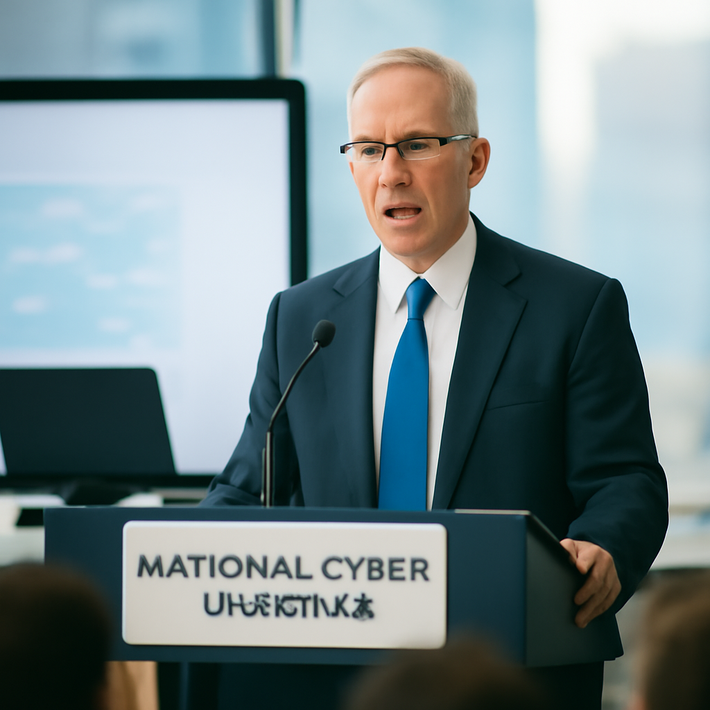 National Cyber Director speaks at a conference podium with a blurred audience and cityscape in the background.