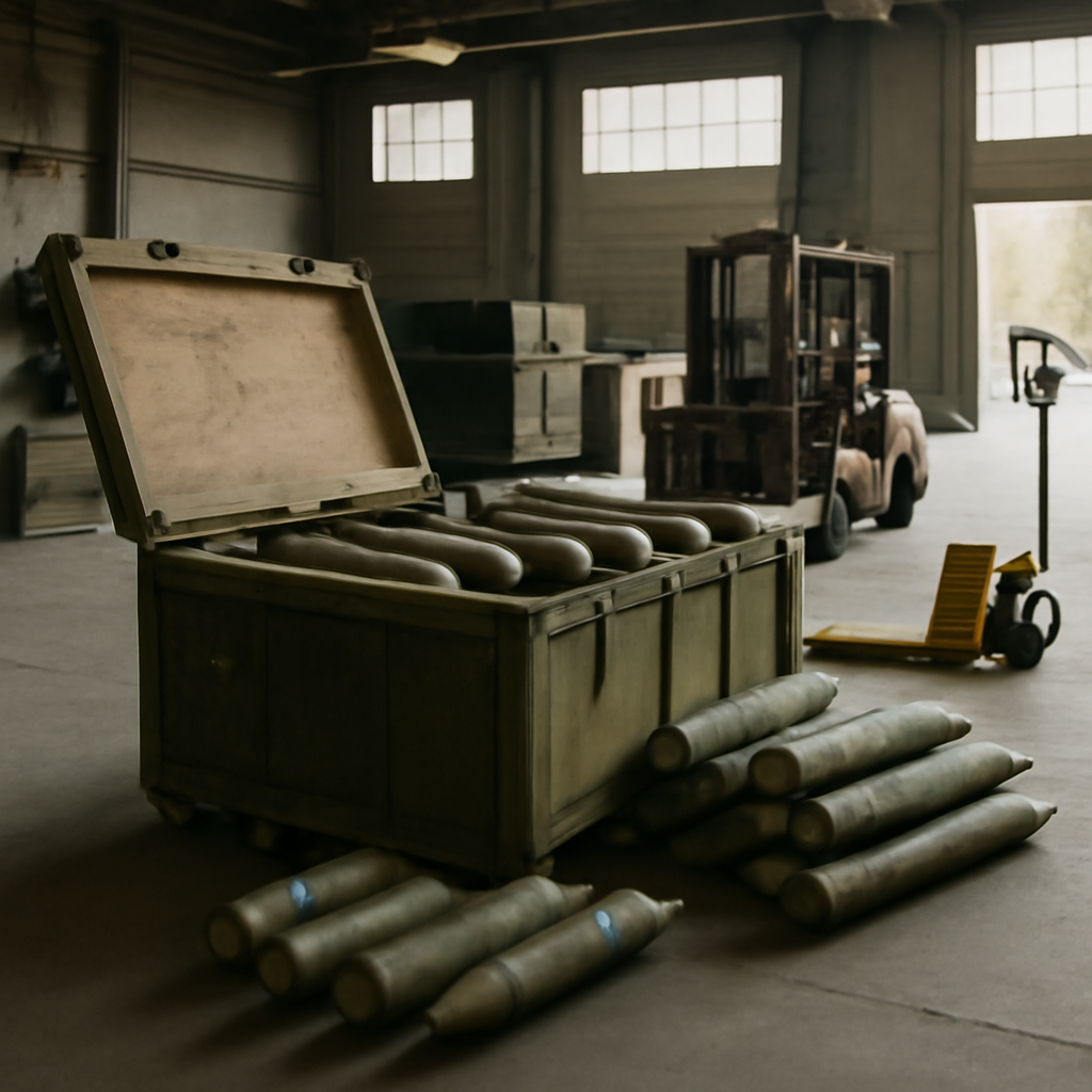 Large crate filled with military equipment in a warehouse facility.