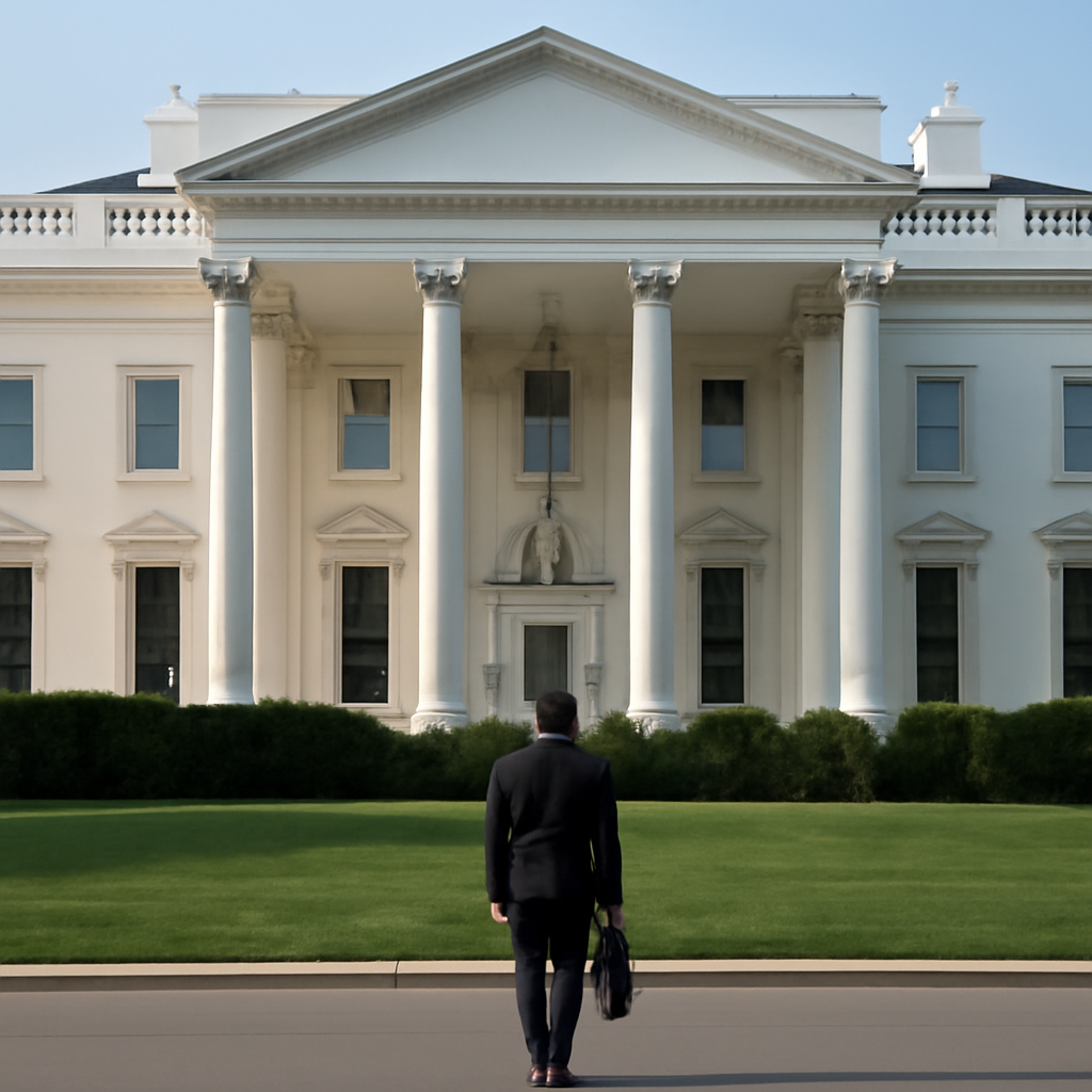 The White House exterior facade in bright daylight with a suited individual approaching.