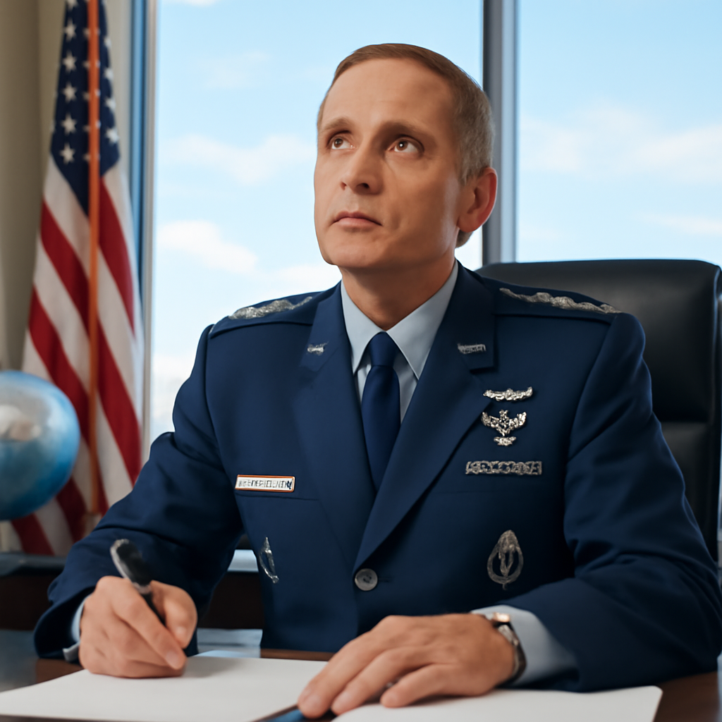 US military officer in formal attire sits at desk with serious expression.