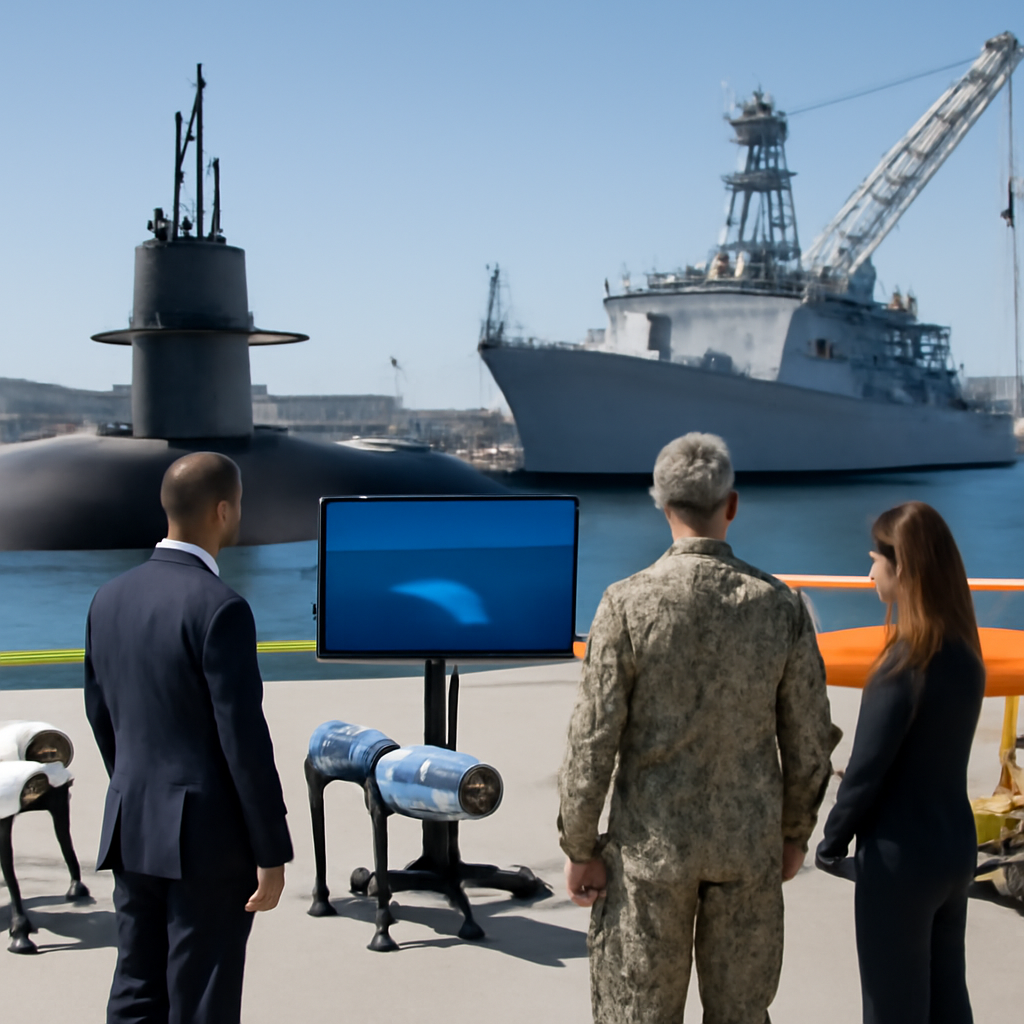 US naval personnel and defense contractors stand near undersea technology equipment and AI-related robotics at a dockyard.