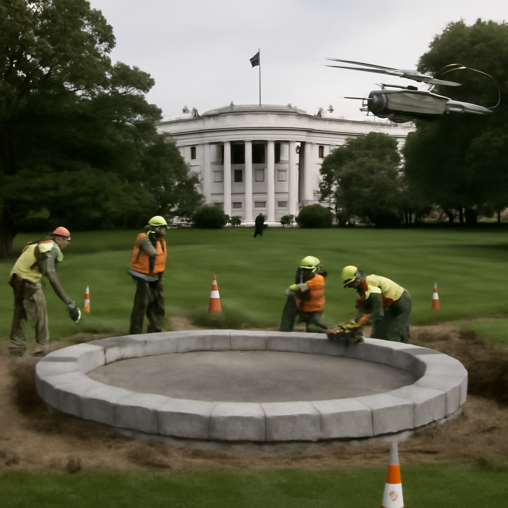 Construction site on White House South Lawn with partially built granite helipad and workers.