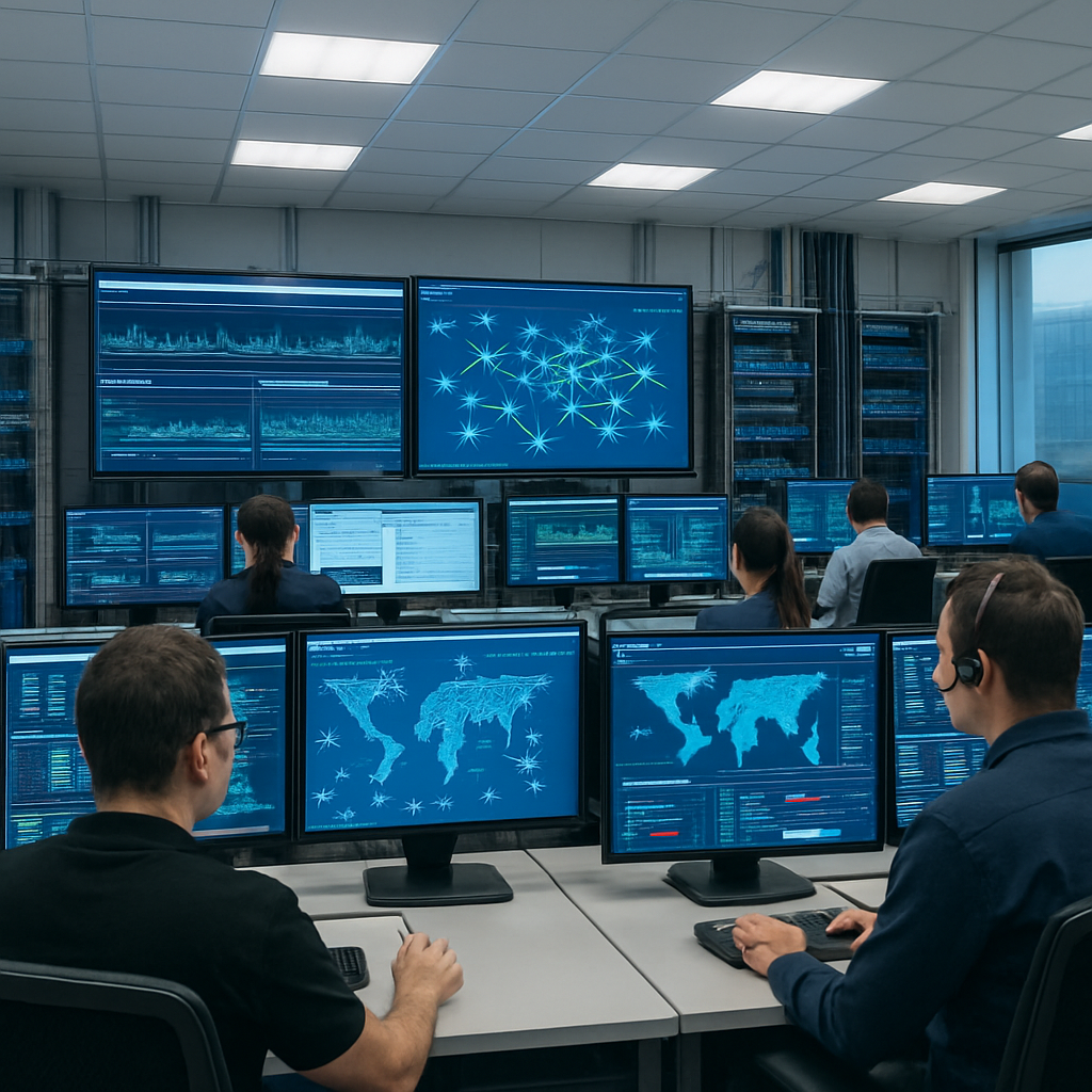 Network operations center with analysts working at computer screens surrounded by cables and equipment.