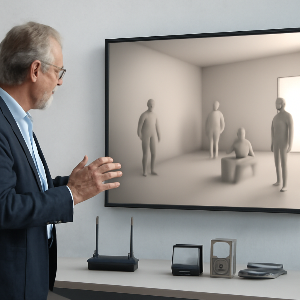 Professor observes 3D room scan with human figures on large screen beside WiFi router and measuring instruments.