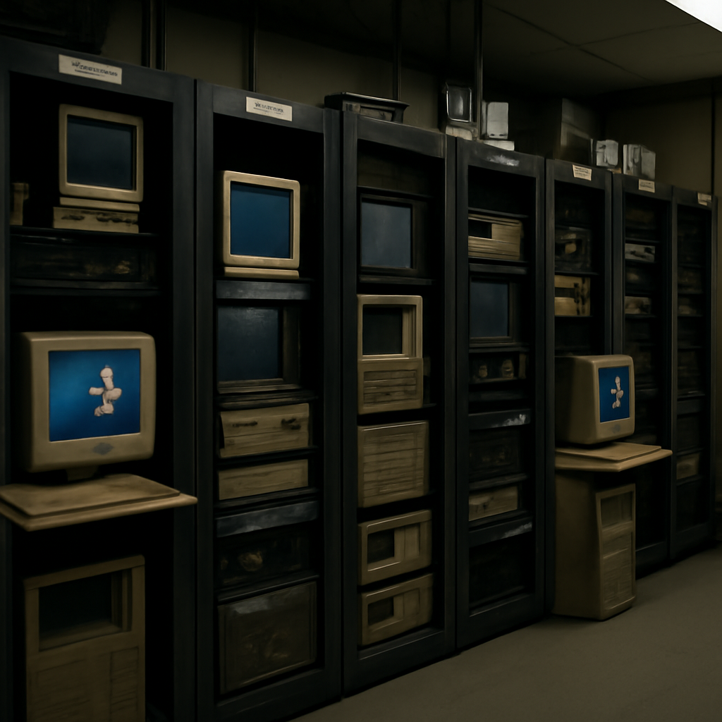 Dimly lit IT room with outdated computer systems and Windows devices on server racks.