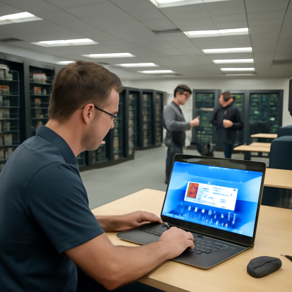 Enterprise IT room with rows of servers and networking equipment, technicians troubleshooting in the background.