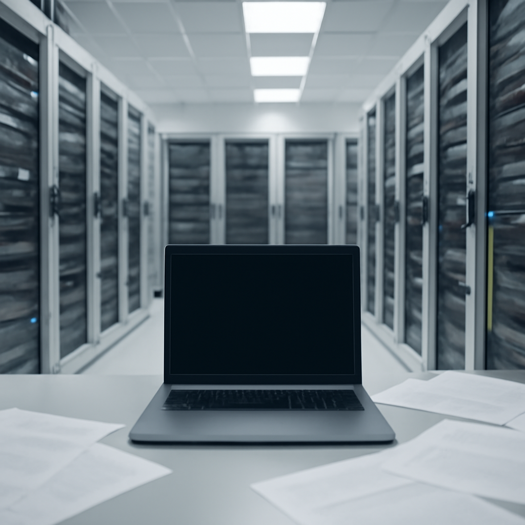 Rows of servers and networking equipment in a data center with a laptop in the foreground.