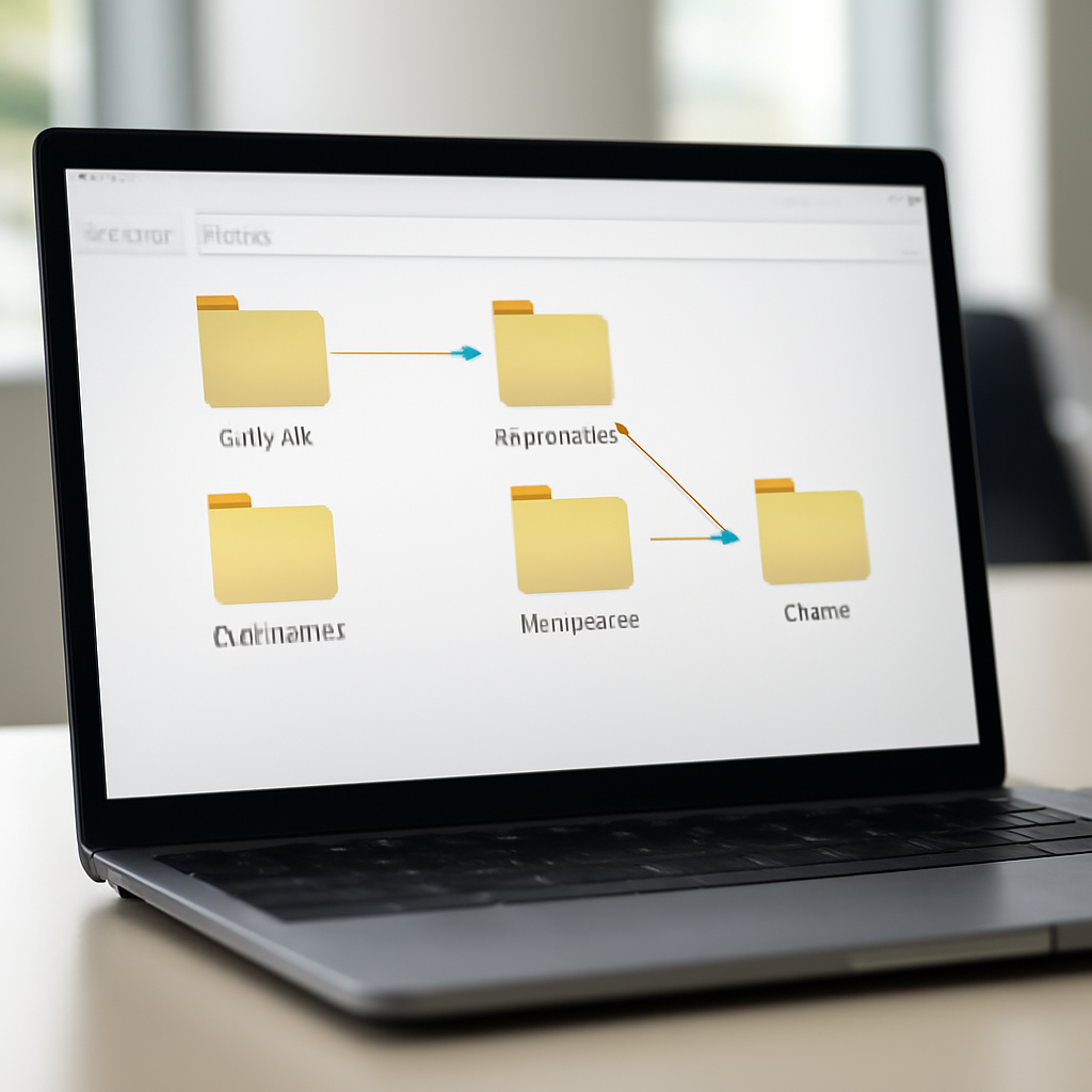 Windows file system directory structure on laptop screen with subtle hint of hidden link between folders.