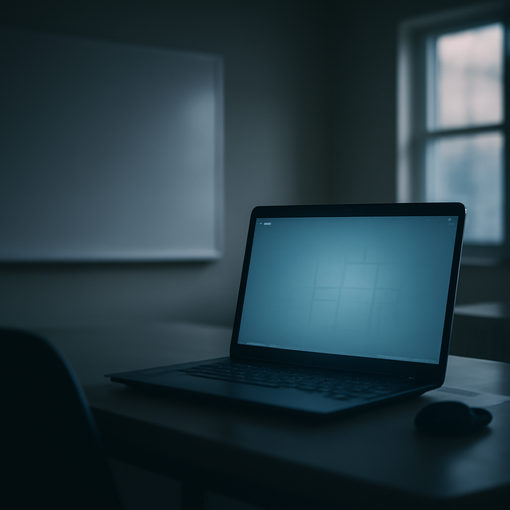 Dimly lit computer workstation with laptop showing a generic Windows desktop.