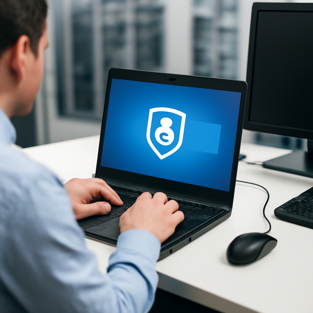 Administrator typing on laptop in office with server equipment blurred in background.