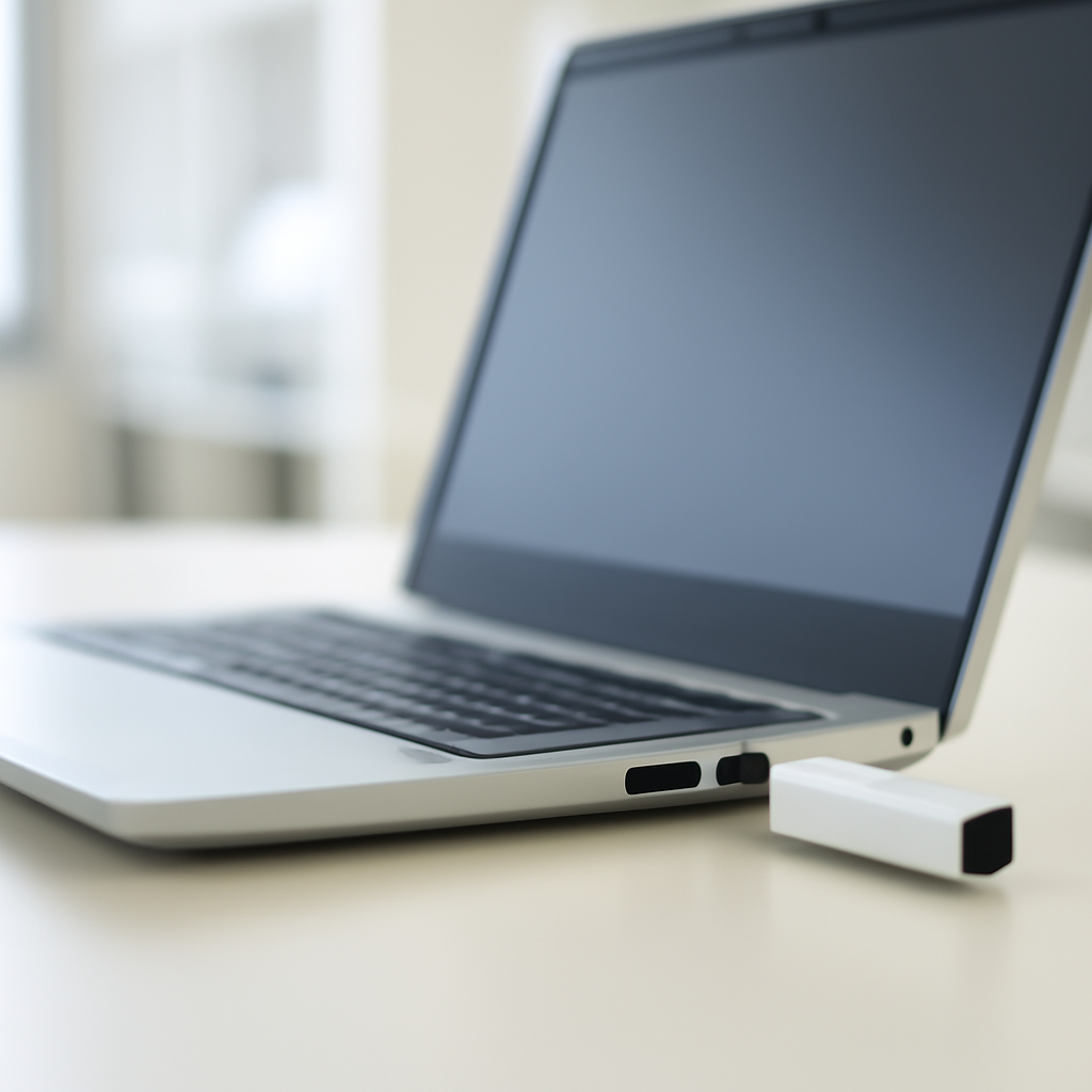 Laptop on a plain surface with a partially inserted USB device.