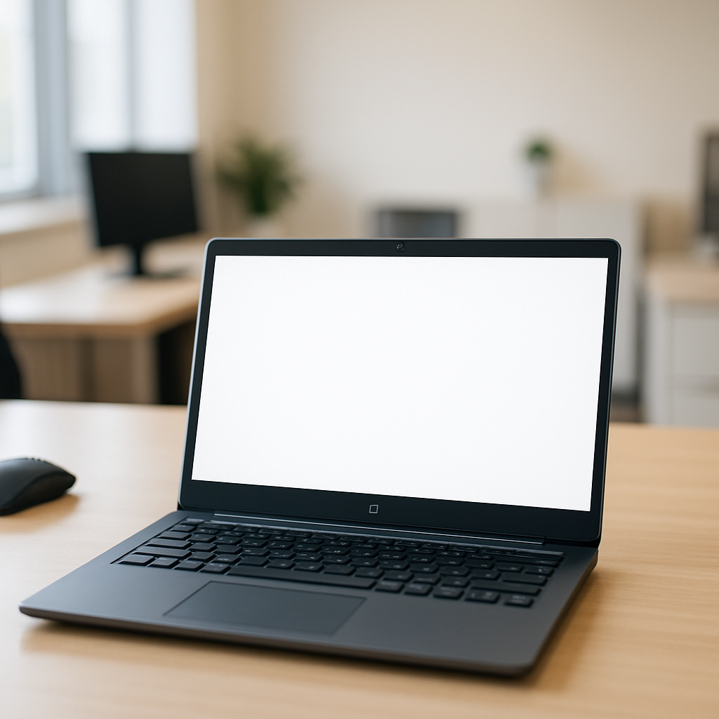 A typical office workstation with a blank laptop screen in the foreground.