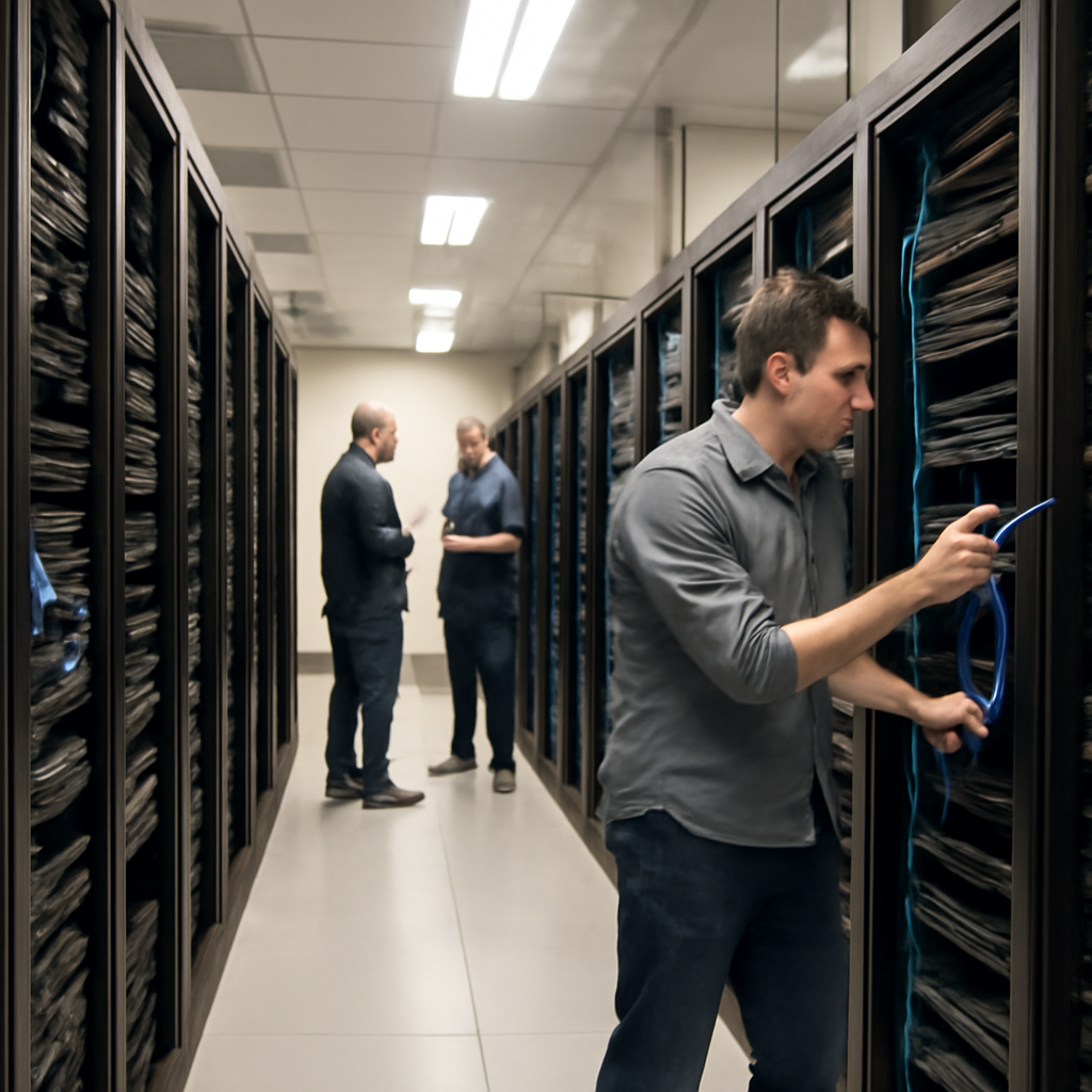 Rows of computer servers and racks with technicians in the background.