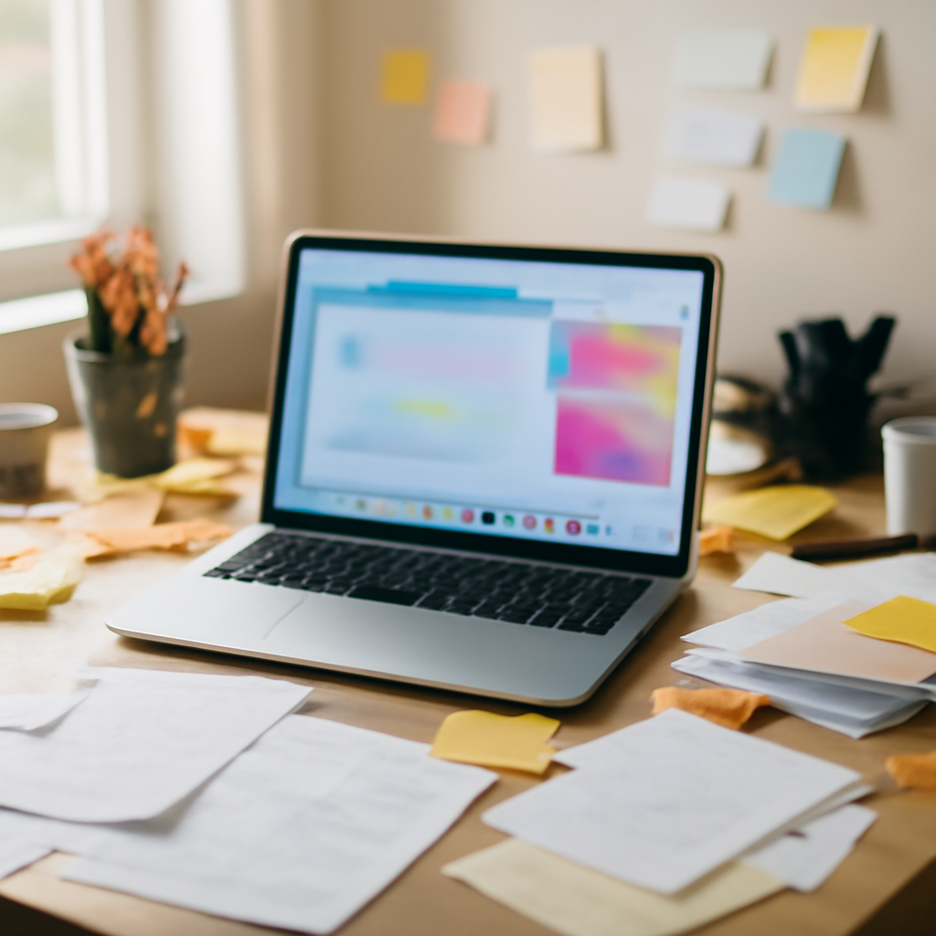Laptop on cluttered desk with scattered papers and office supplies.