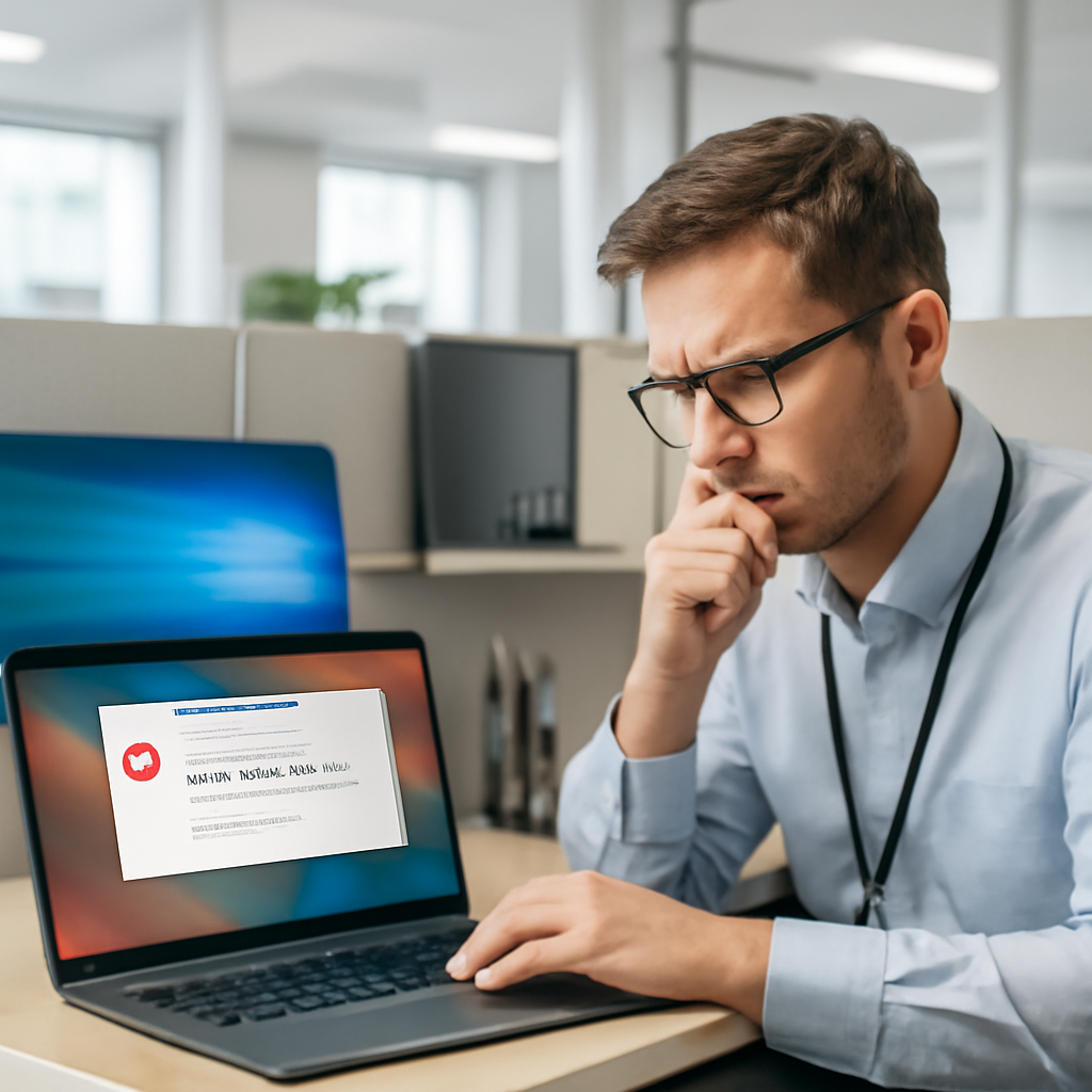 IT specialist looks frustrated at desk in office cubicle.