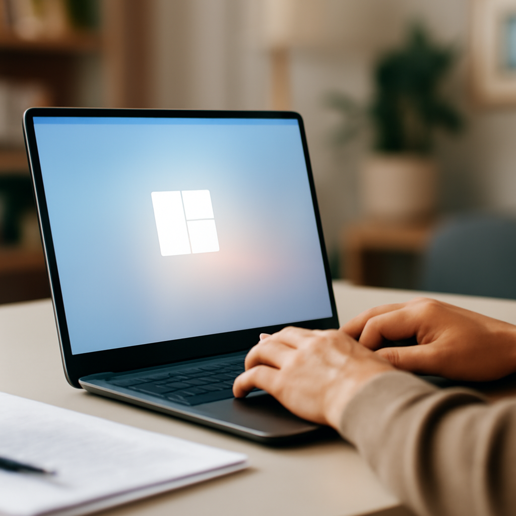Windows laptop on a desk in a home office with a person's hands on the keyboard.