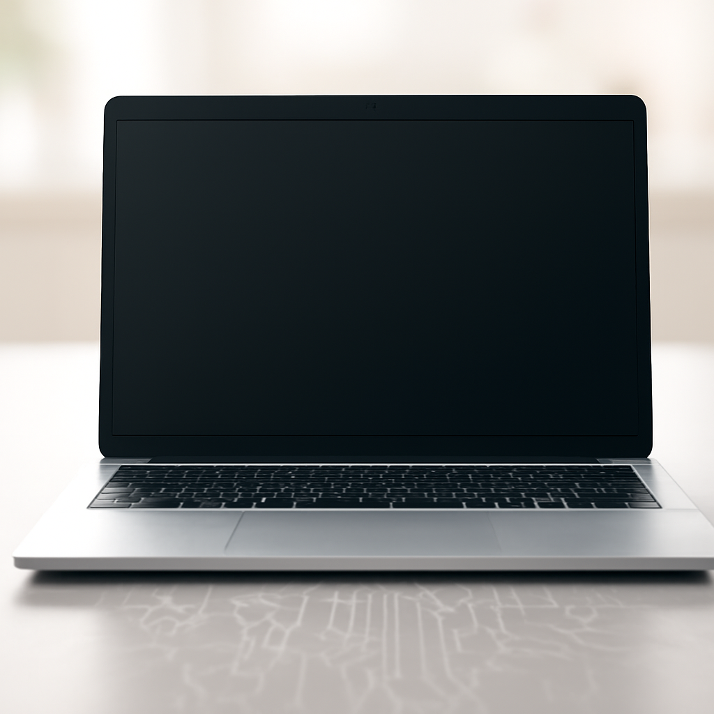 Windows laptop on a clean surface with a blank screen, conveying vulnerability.