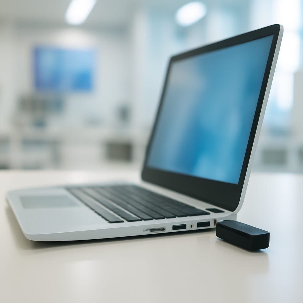 Windows computer on a clean surface with a USB drive inserted, in a brightly-lit secure setting.