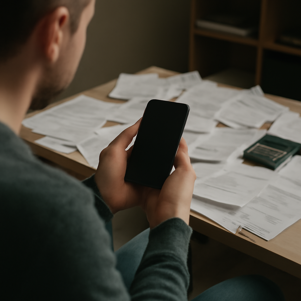 Person surrounded by cluttered financial documents holds a smartphone.