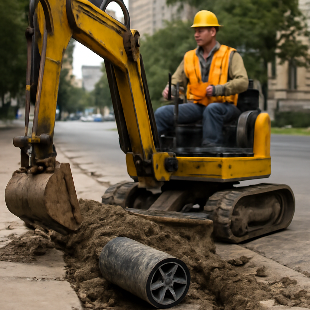 Construction worker operating backhoe near exposed underground conduit.