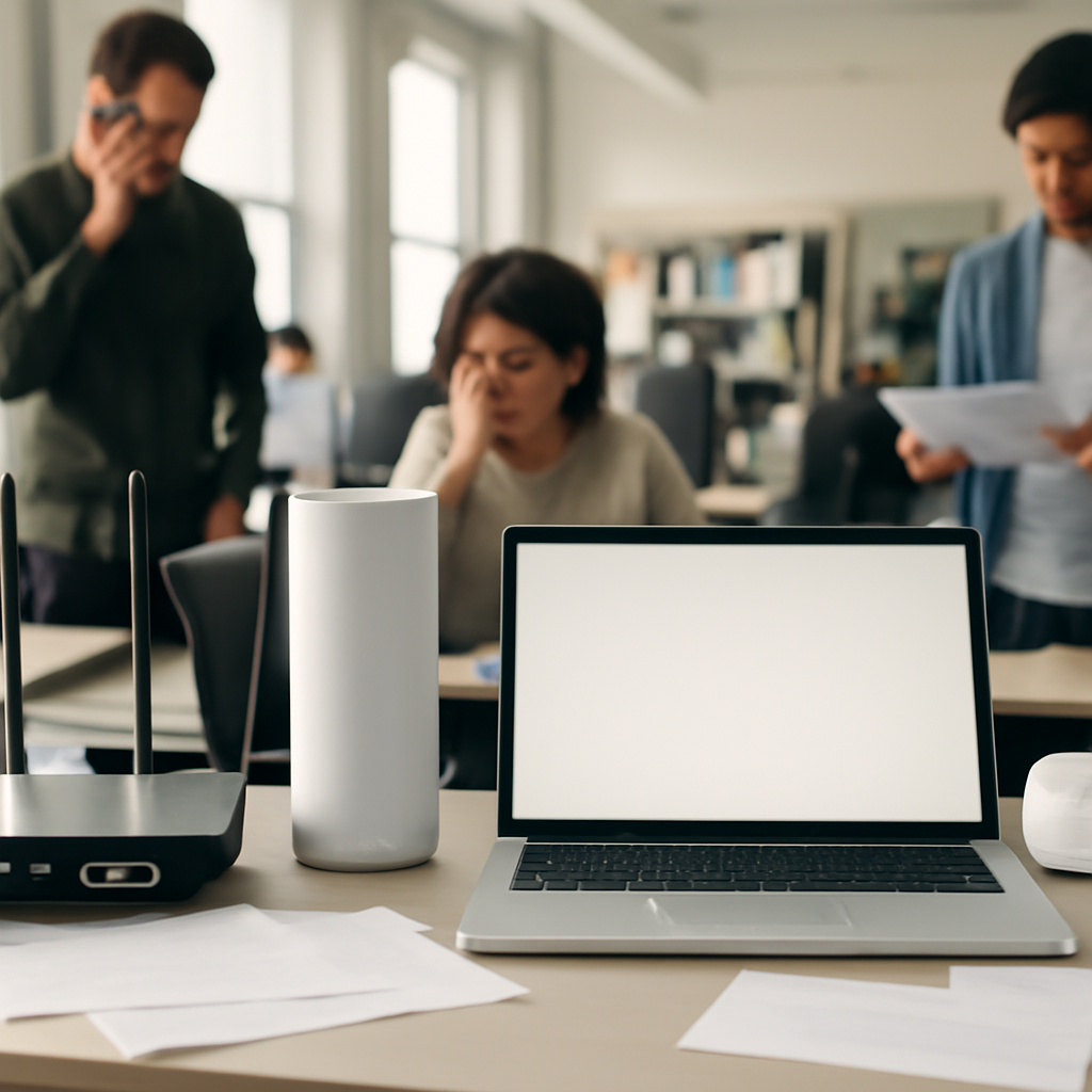Busy office scene with wireless devices and equipment on a table, surrounded by people working.