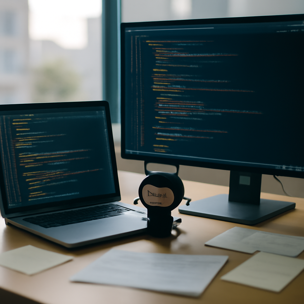 Developer workstation with laptop, monitor, and papers, set against a blurred cityscape background.